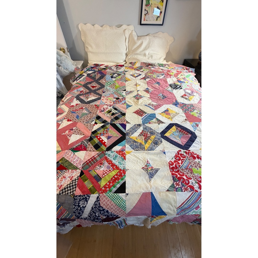 Vintage Hand Pieced Scrap Quilt Top Unfinished Varied  Cotton Colorful Patchwork